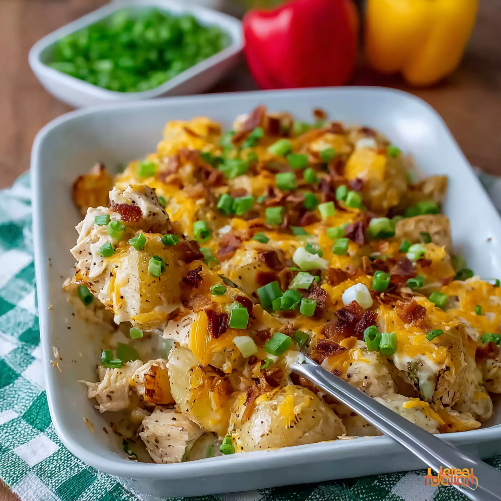 Close-up of casserole showing crispy potato edges and melted cheese