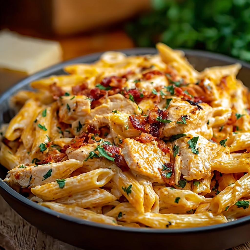 Serving suggestion of Crack Chicken Penne plated with parsley