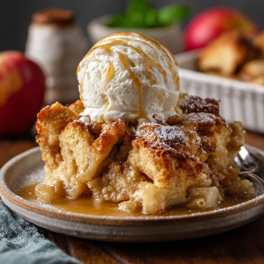 Close up of apple pieces and bread soaking in custard