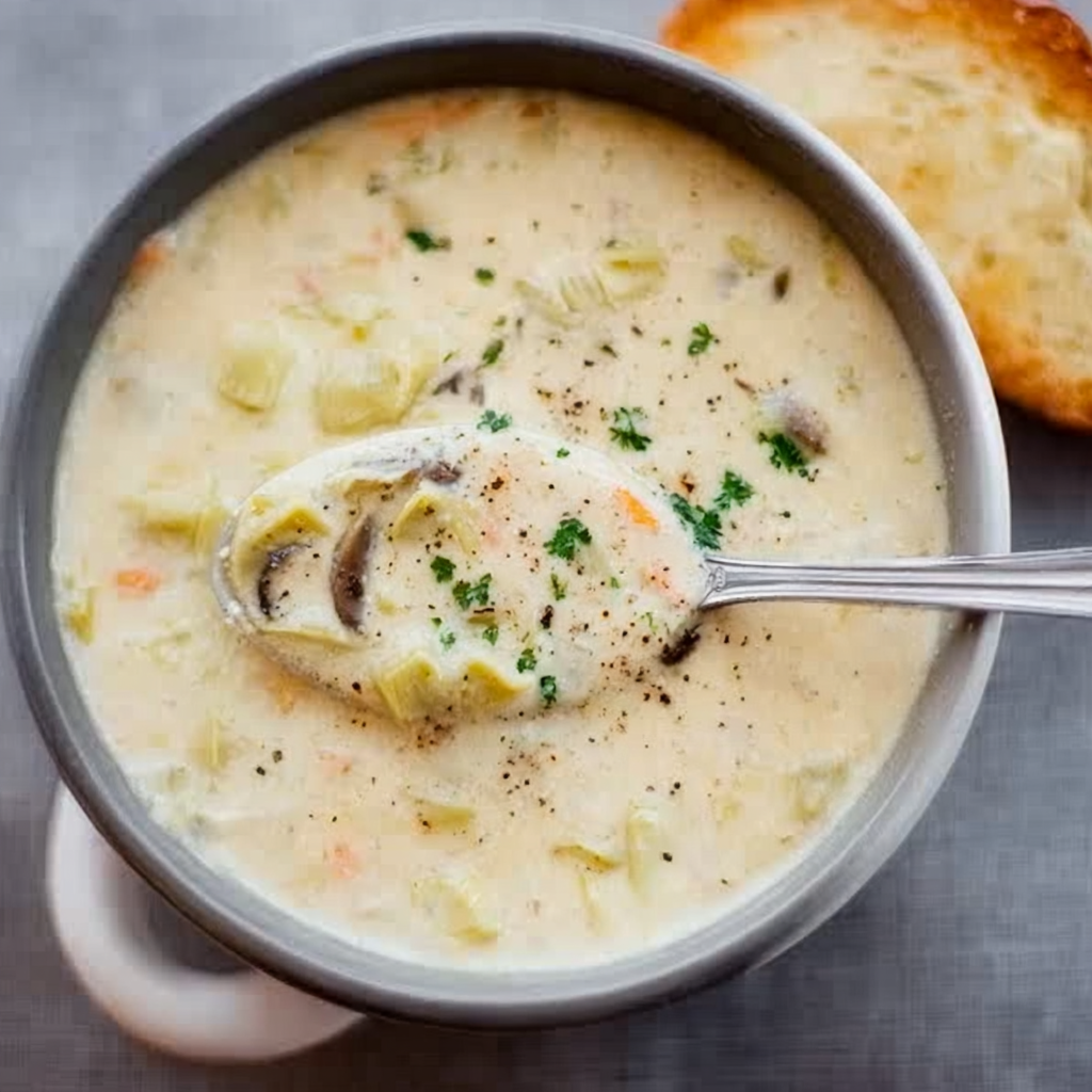 Creamy artichoke soup in a bowl with toasted baguette