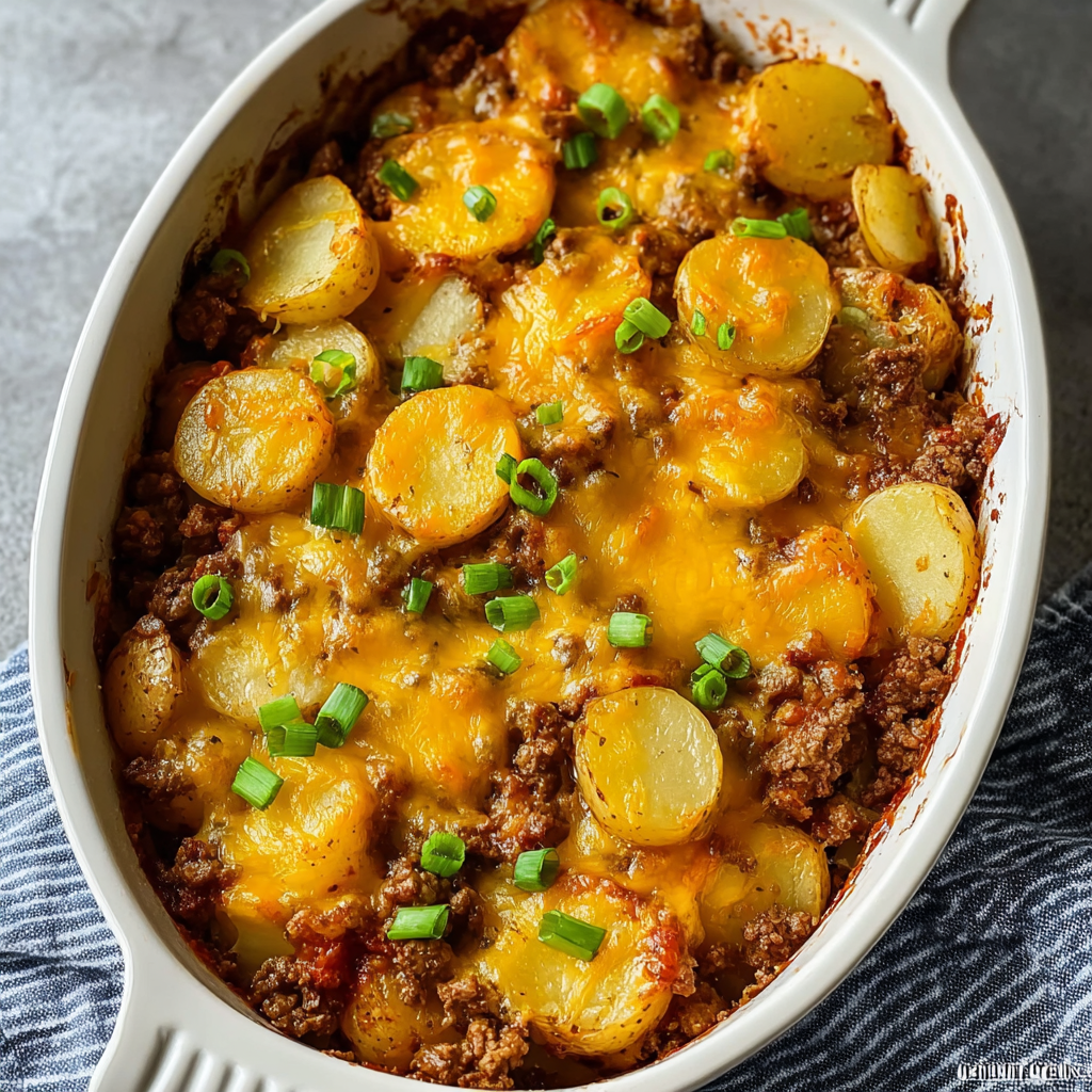 Baked casserole served in dish with garnish