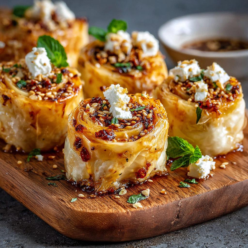 Oven Fried Feta Rolls with Chili Honey