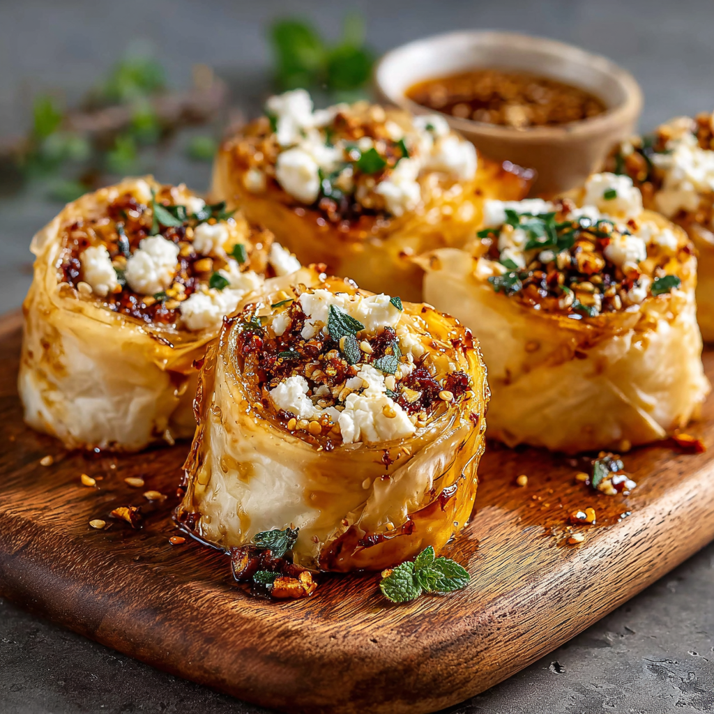 Baked feta rolls on a parchment lined baking sheet