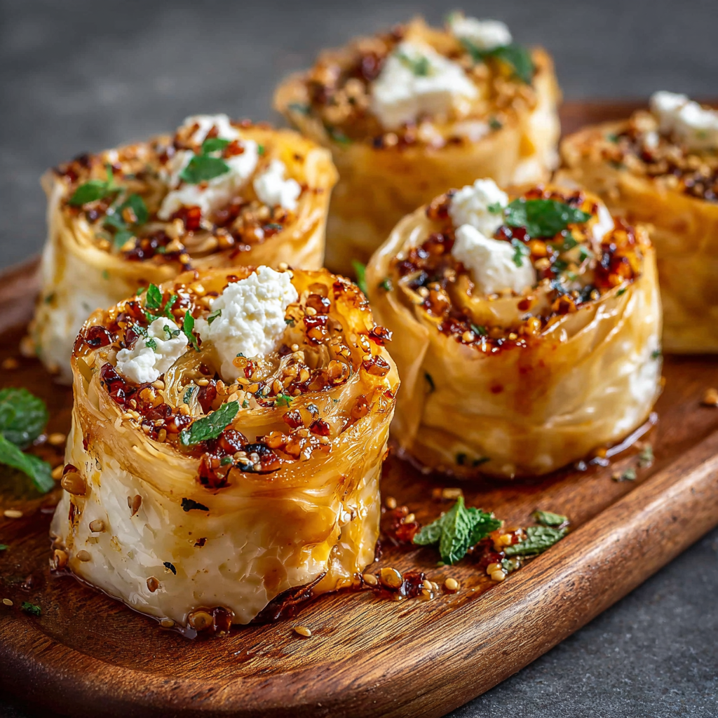 Plated feta rolls with chili honey and garnish