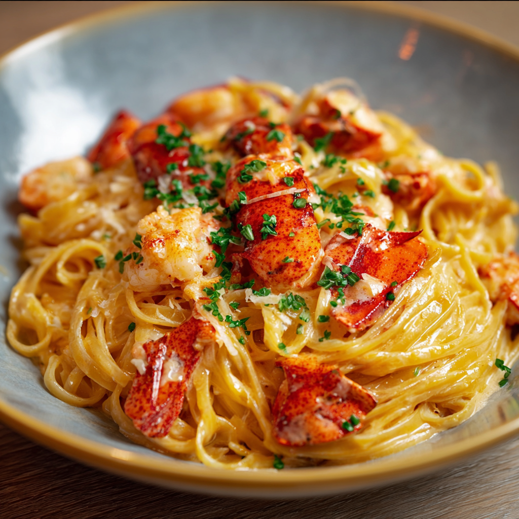 Lobster pasta in skillet with tomatoes