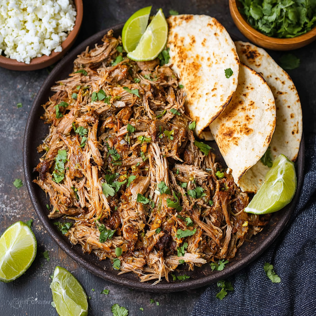 Slow cooker pork carnitas in a baking sheet with crispy edges
