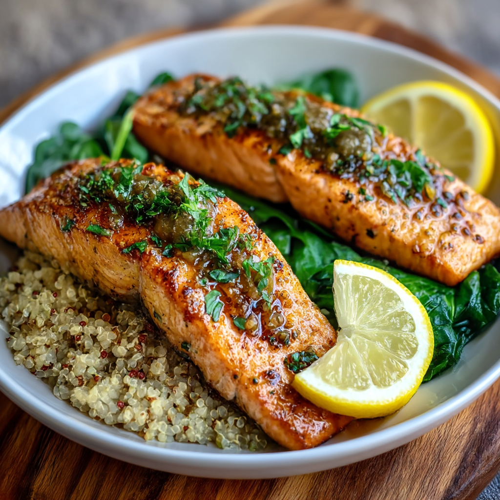 Grilled salmon fillet on quinoa and spinach