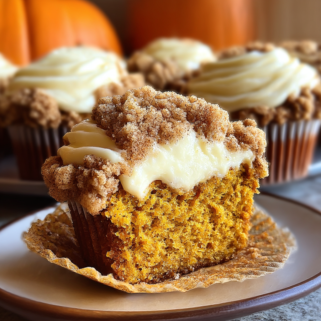 Stack of pumpkin streusel muffins with streusel crumbs