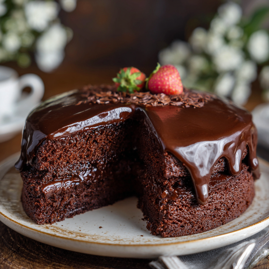 Two layered chocolate cake on a wire rack