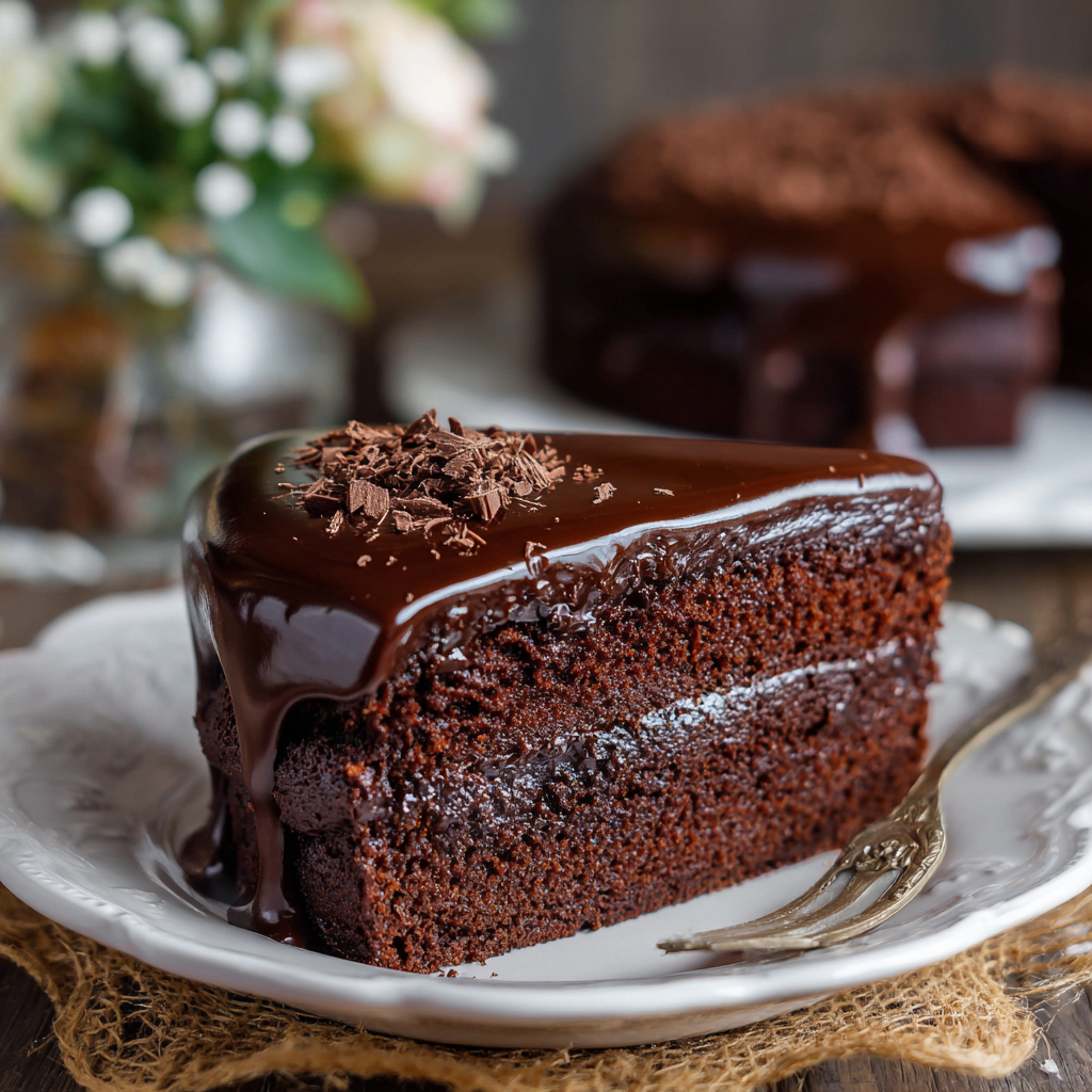 Slice of moist chocolate cake on a plate