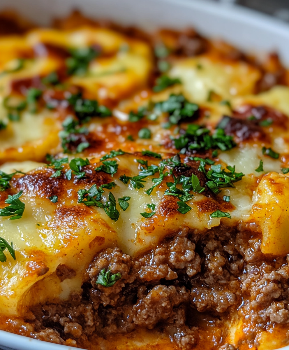 Hobo casserole in a baking dish with melted cheese