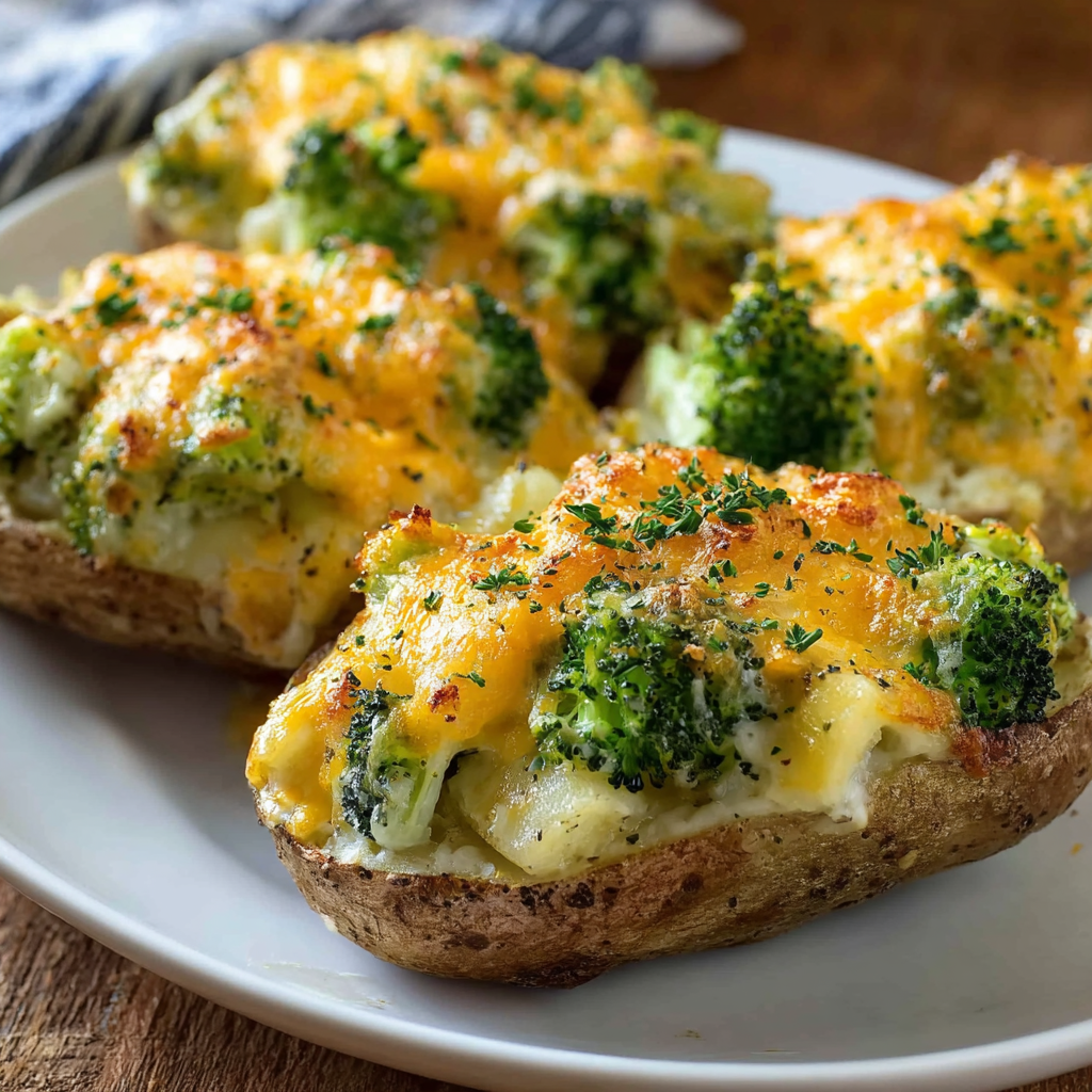 Twice baked potatoes filled with broccoli and melted cheese on a sheet pan