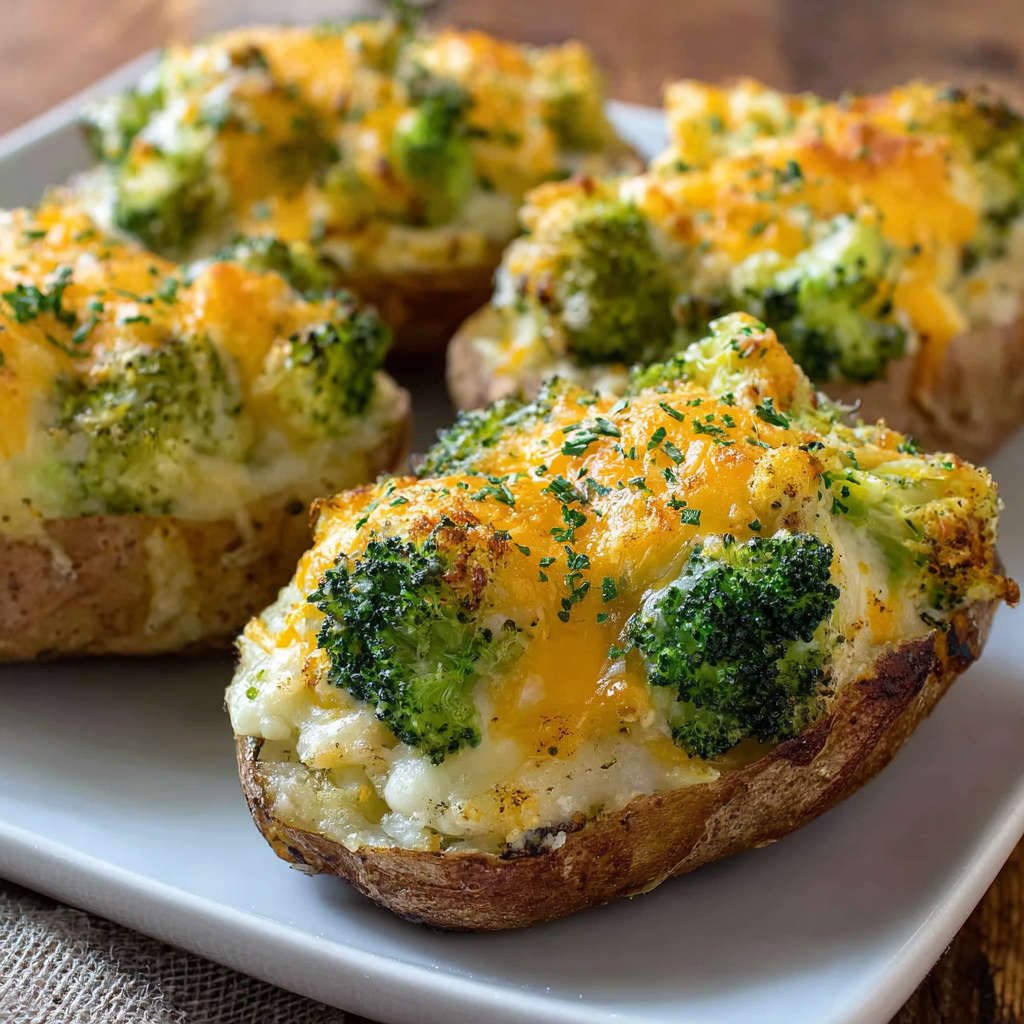 Close up of a baked potato half with broccoli cheddar filling and golden top