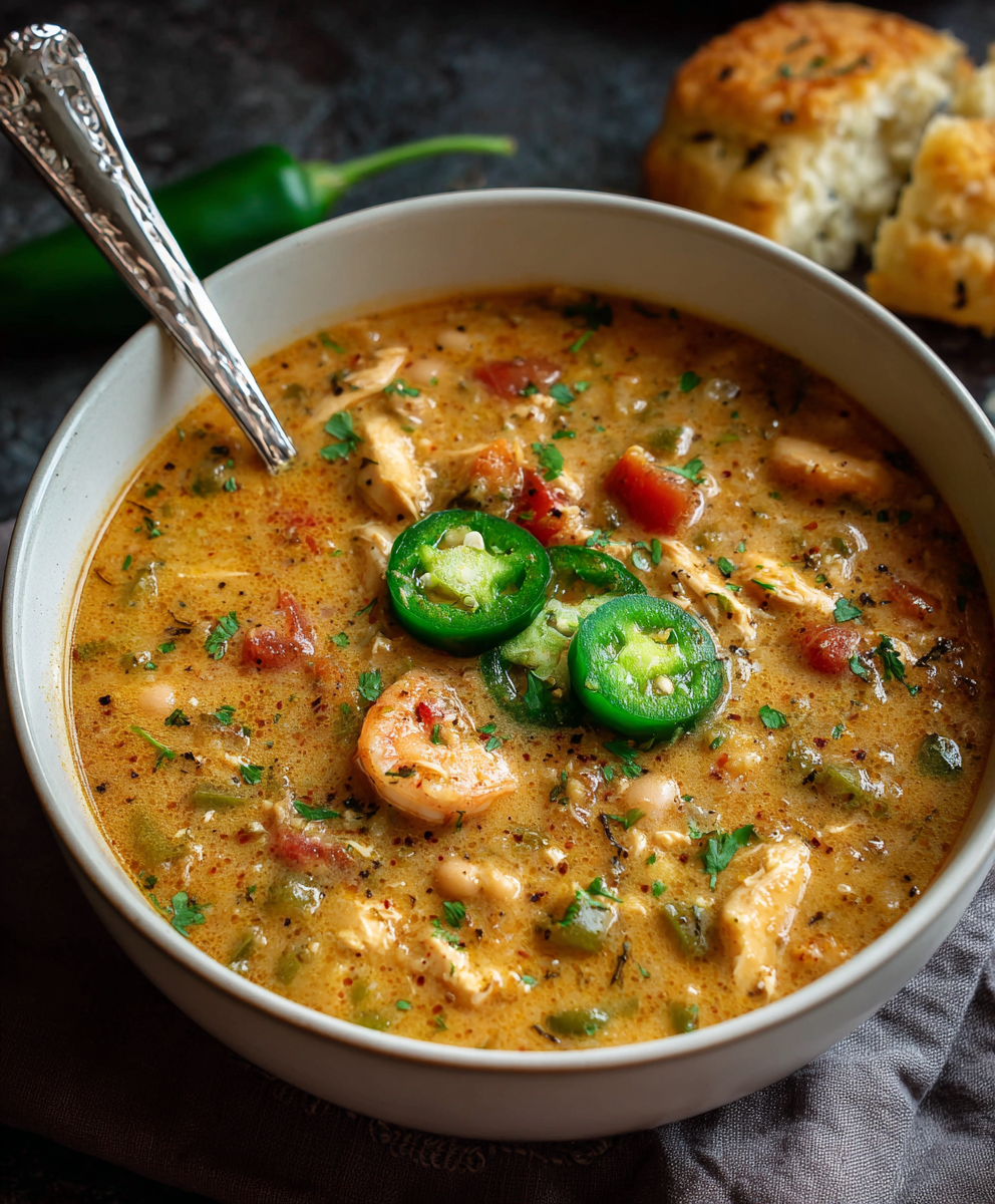 Bowl of Cajun white chicken chili with cheese