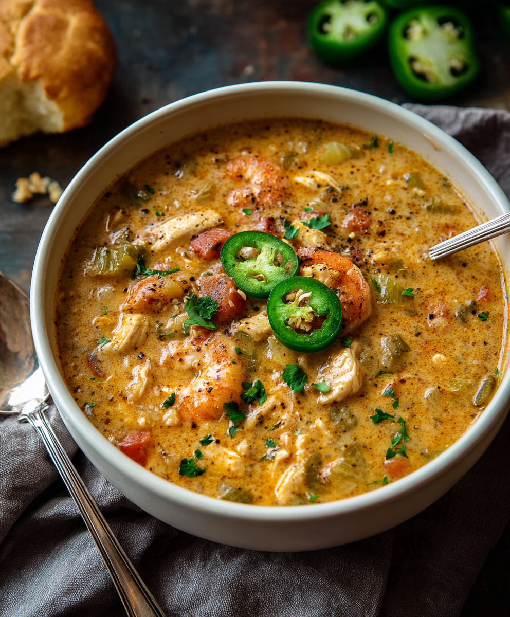 Ladle pouring Cajun white chicken chili