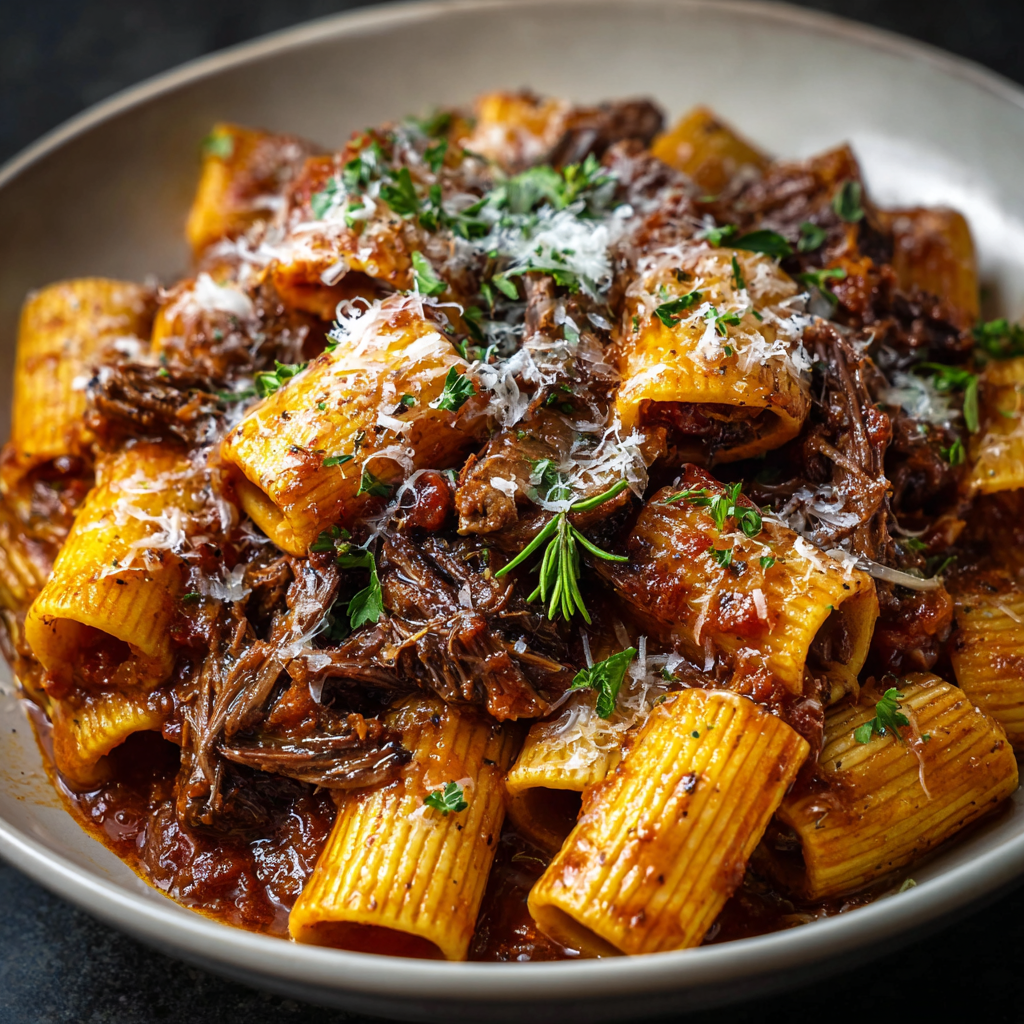 Braised short rib ragu in a Dutch oven