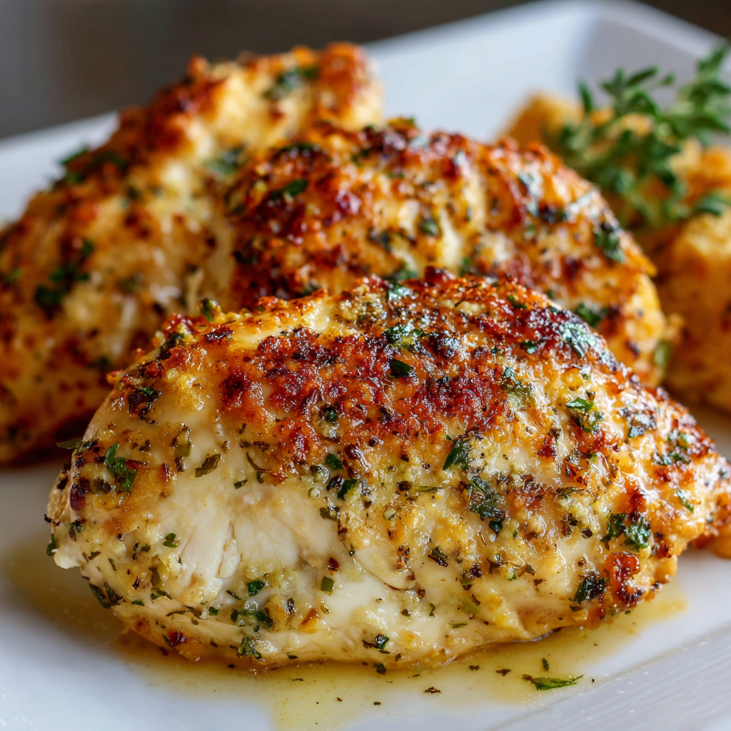 Golden baked chicken breasts with creamy Parmesan topping