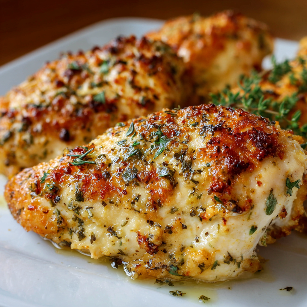 Close up of creamy Parmesan crust on baked chicken