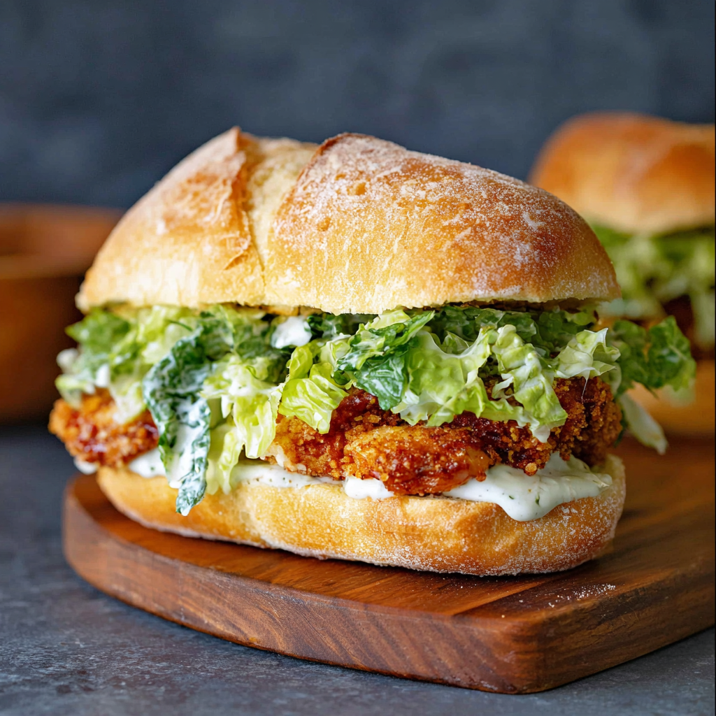 Crispy Chicken Caesar Sandwich assembled on baguette