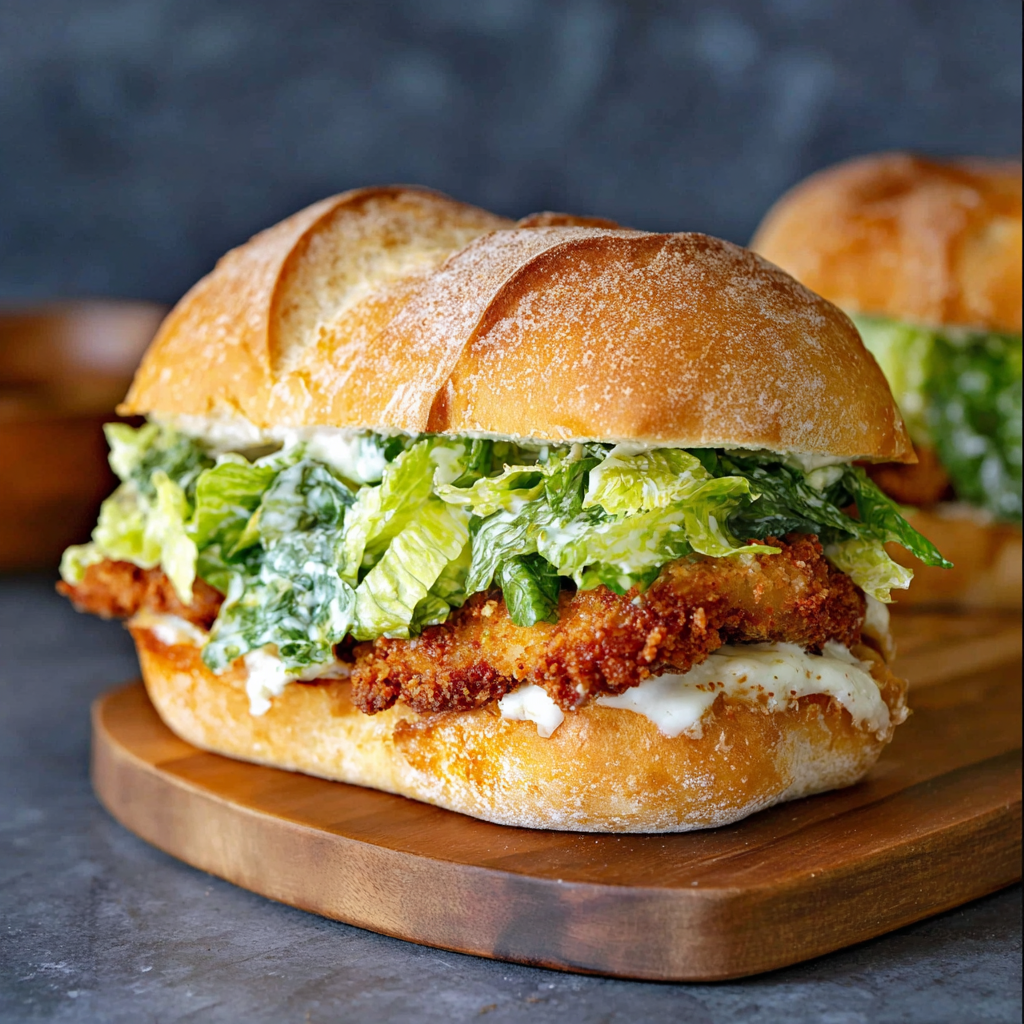 Close-up of breaded chicken cutlet and romaine