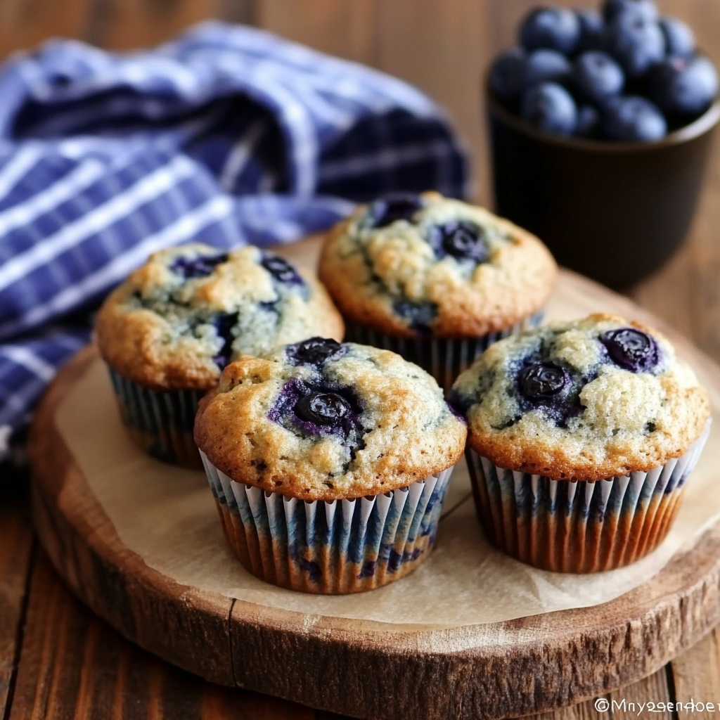 Tray of freshly baked blueberry muffins with crackly tops