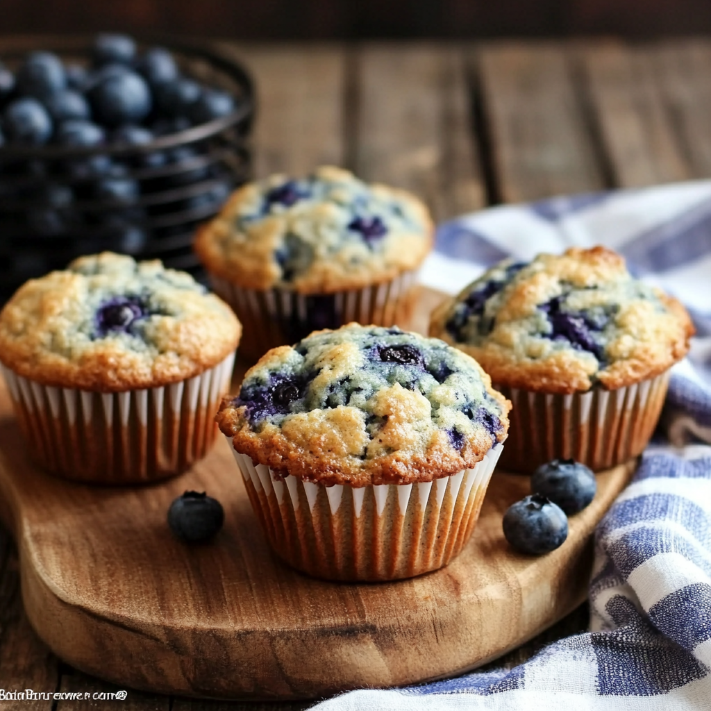 Close-up of a halved muffin showing moist crumb and blueberries