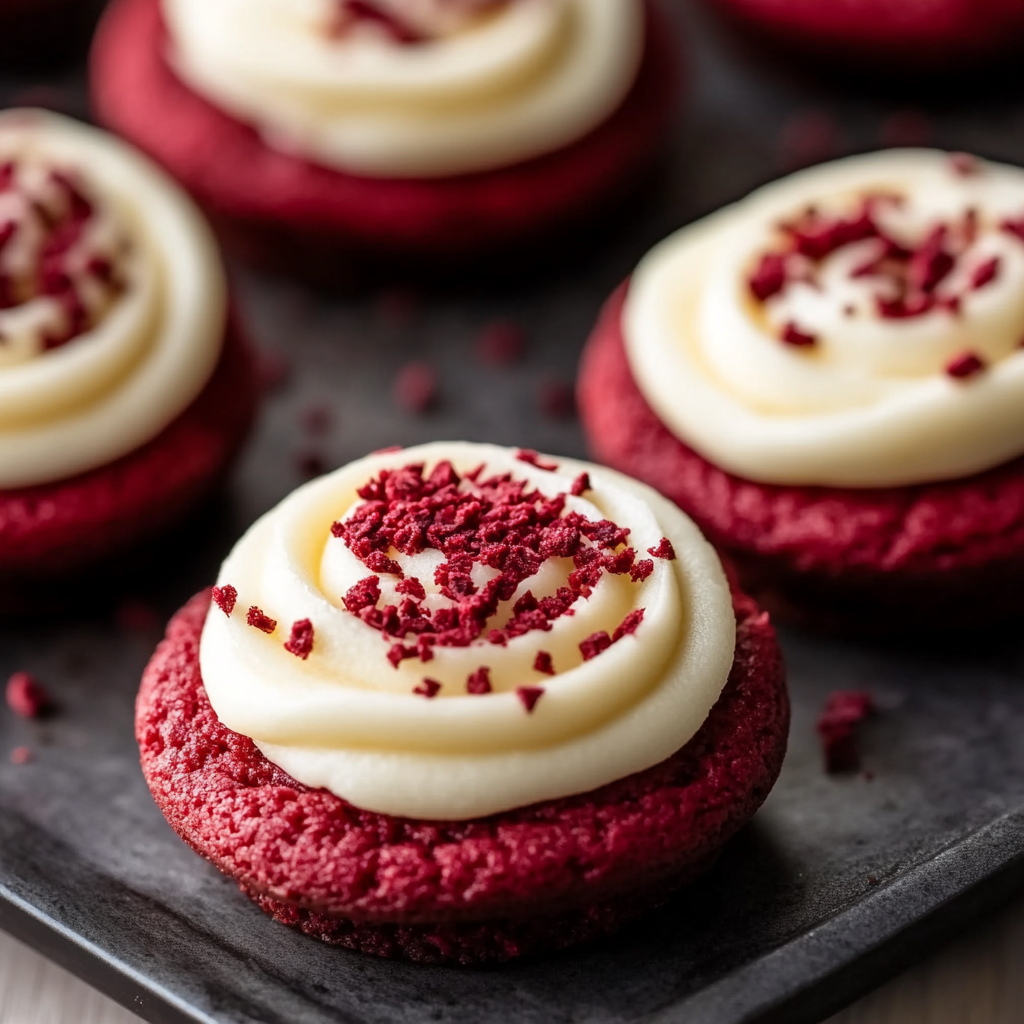 Frosted red velvet cupcake cookies on cooling rack
