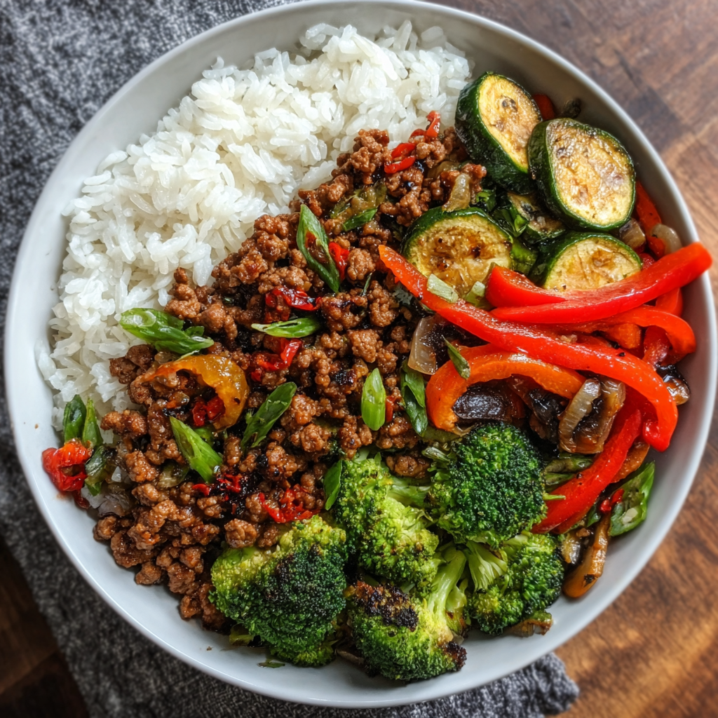 Spicy Ground Beef Stir-Fry Bowl with Garlic Veggies & Steamy Rice