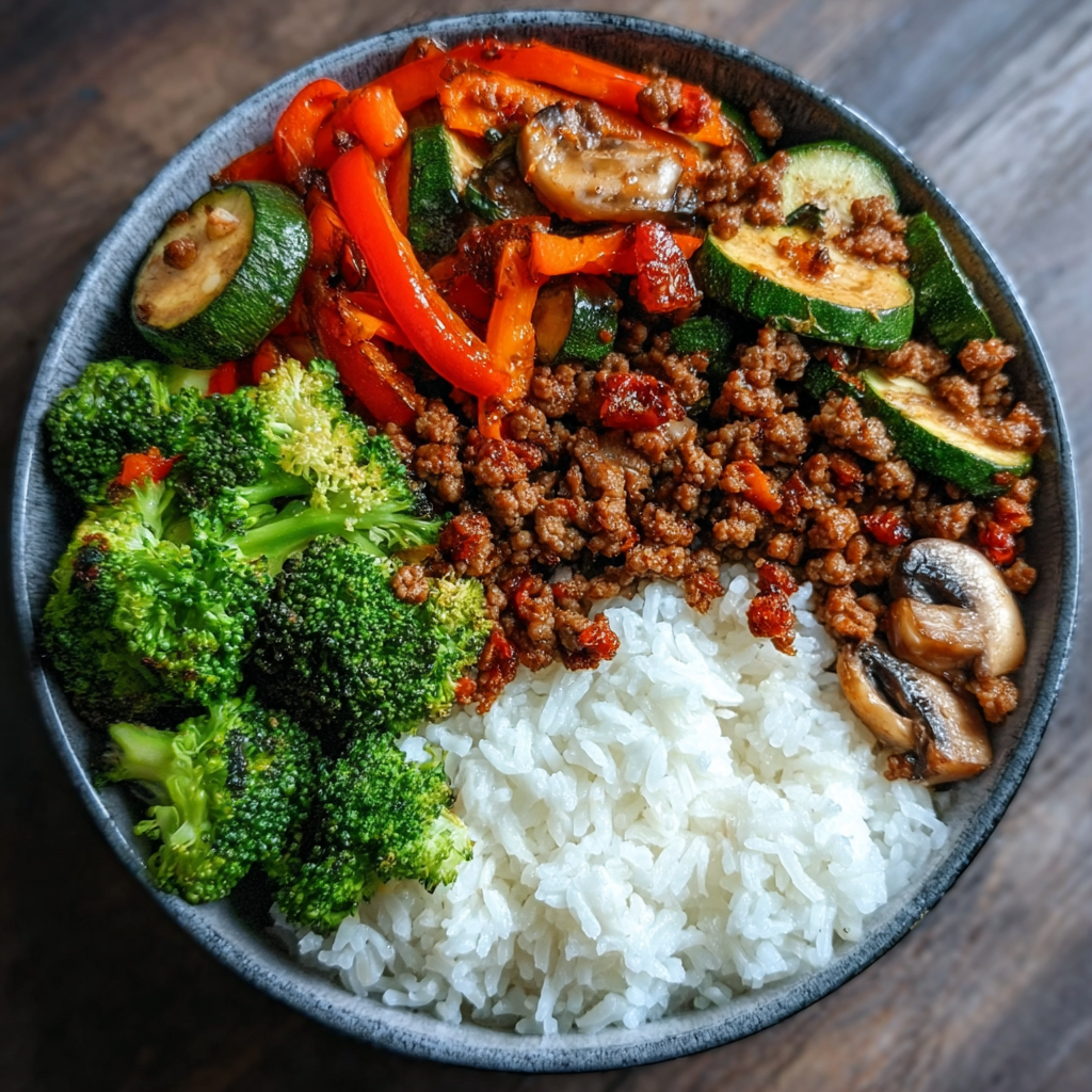 Spicy Ground Beef Stir-Fry Bowl with Garlic Veggies & Steamy Rice