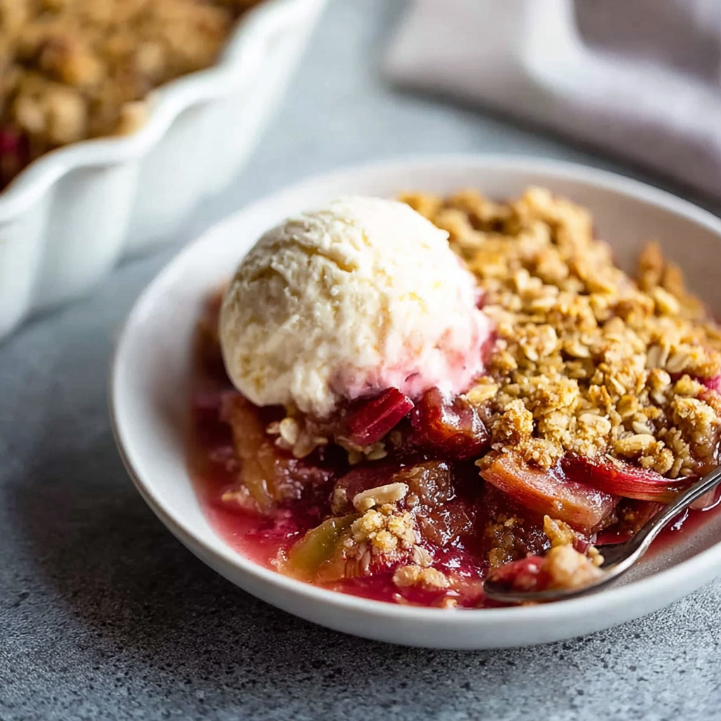 Serving of rhubarb crisp topped with vanilla ice cream