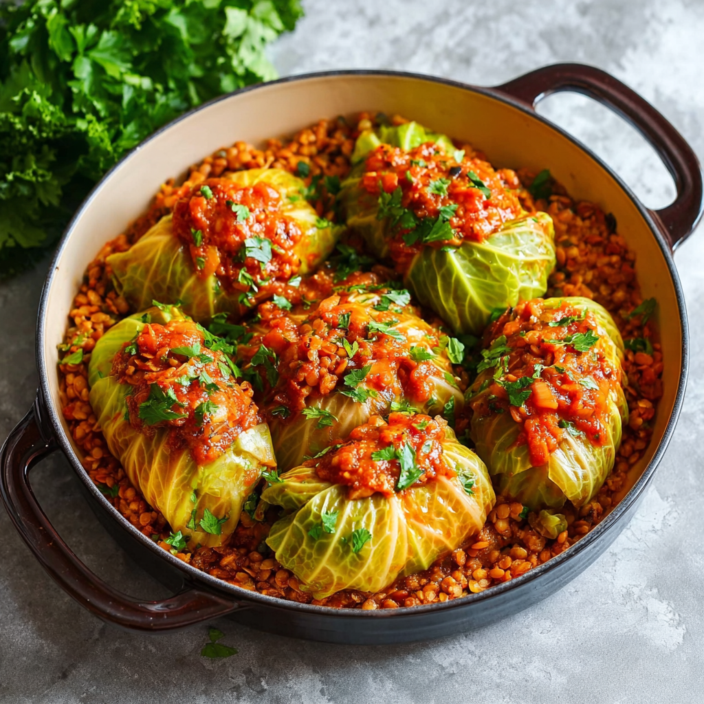 Assembled vegan cabbage rolls in baking dish