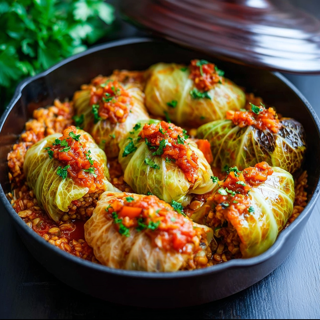 Close up of a sliced cabbage roll showing filling