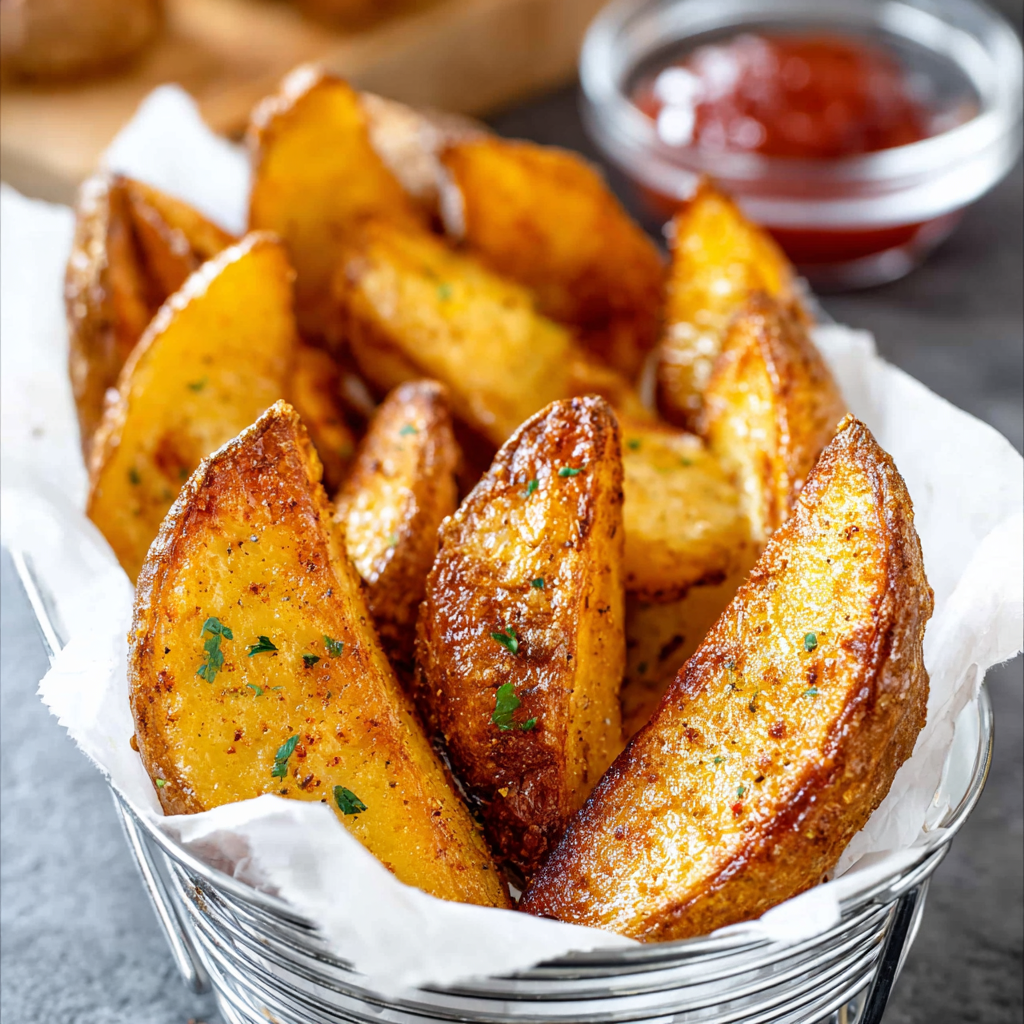 Golden crispy potato wedges on a baking sheet