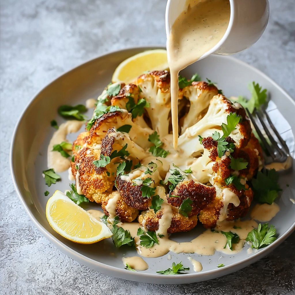 Whole Roasted Cauliflower with Tahini Sauce