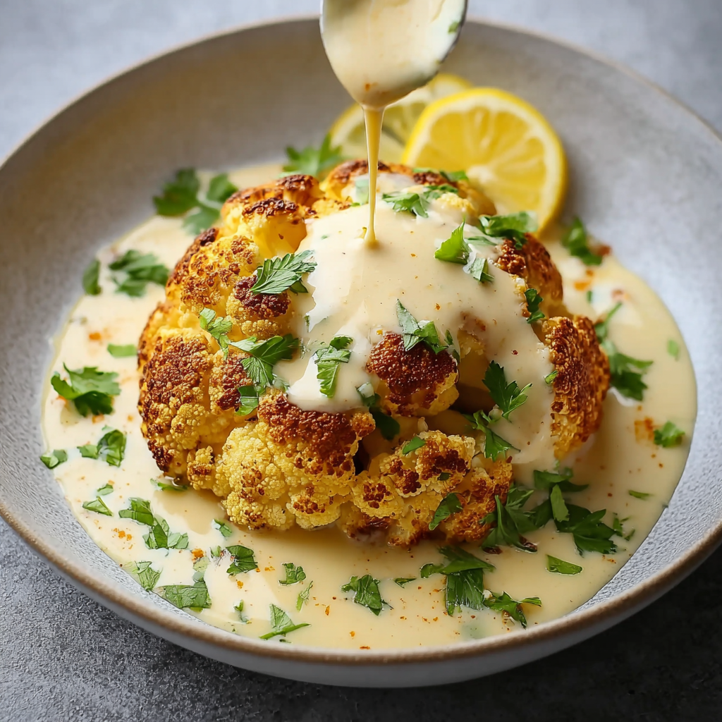 Close-up of tahini sauce being drizzled over cauliflower