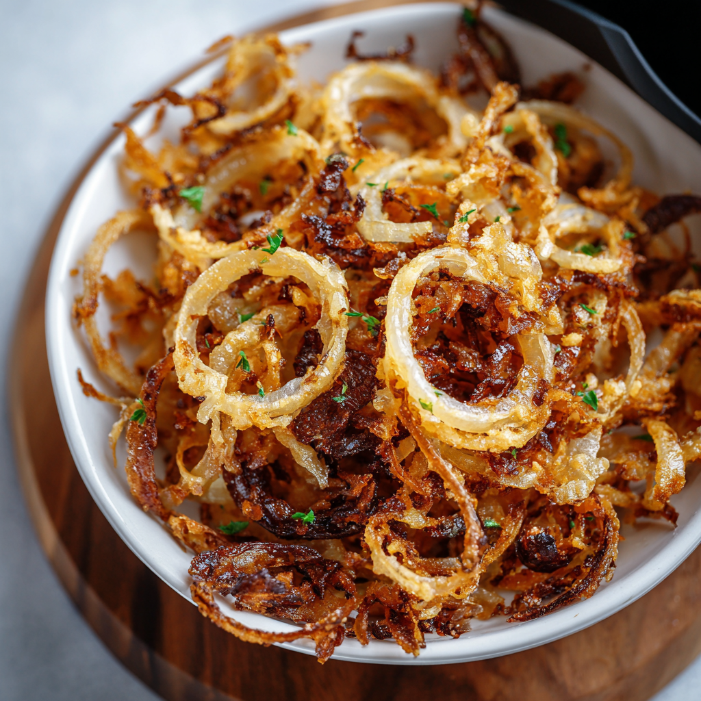 Golden crispy onions in a glass jar