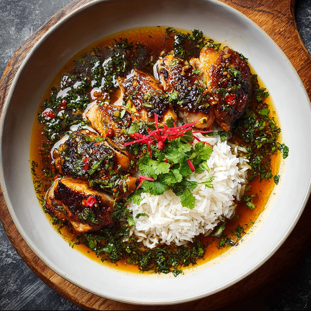 Caramelised Soy Chicken in Garlic Ginger Broth with Rice