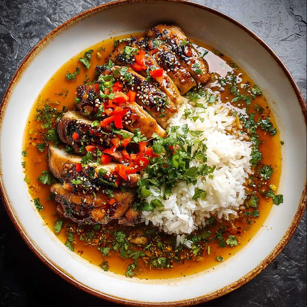 Finished caramelised soy chicken bowl