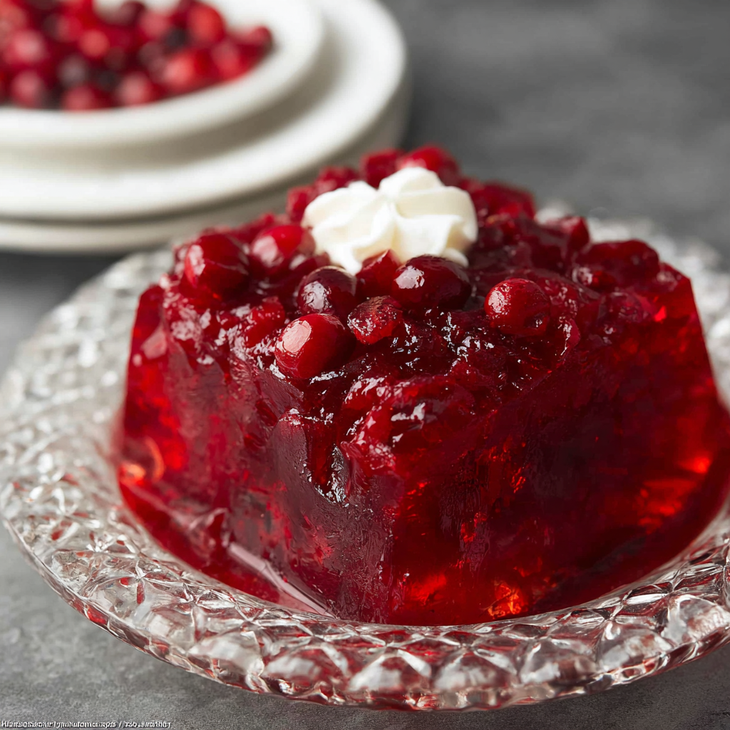 Cranberry Jell-O salad in a glass bowl with pecans