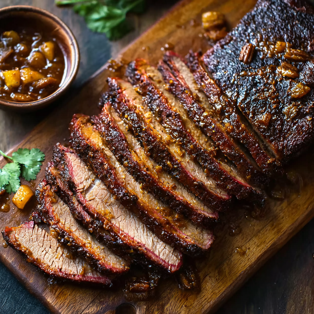 Slices of oven brisket served on a platter