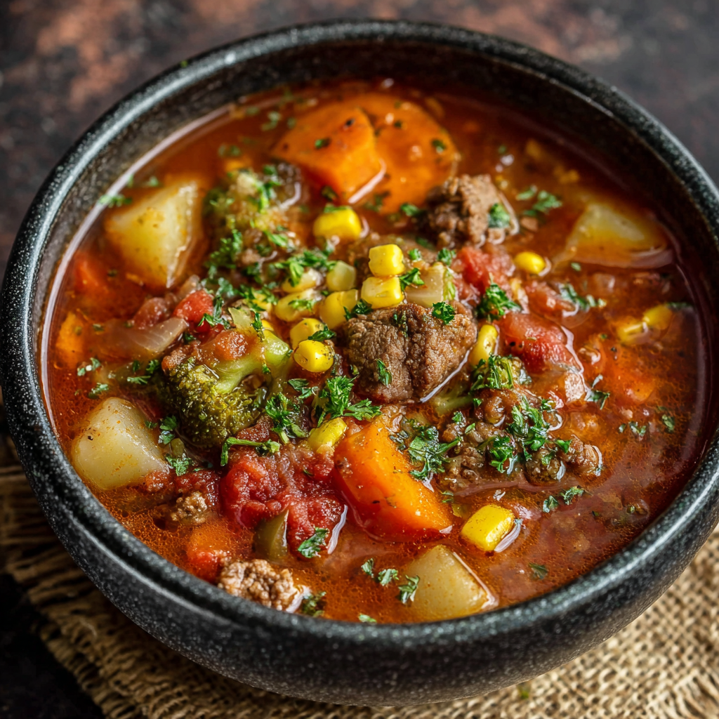 Close-up of slow cooker vegetable beef soup