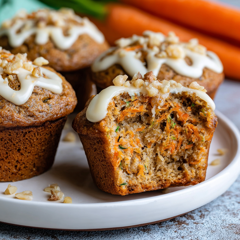 Close up of a split muffin showing moist crumb and grated vegetables
