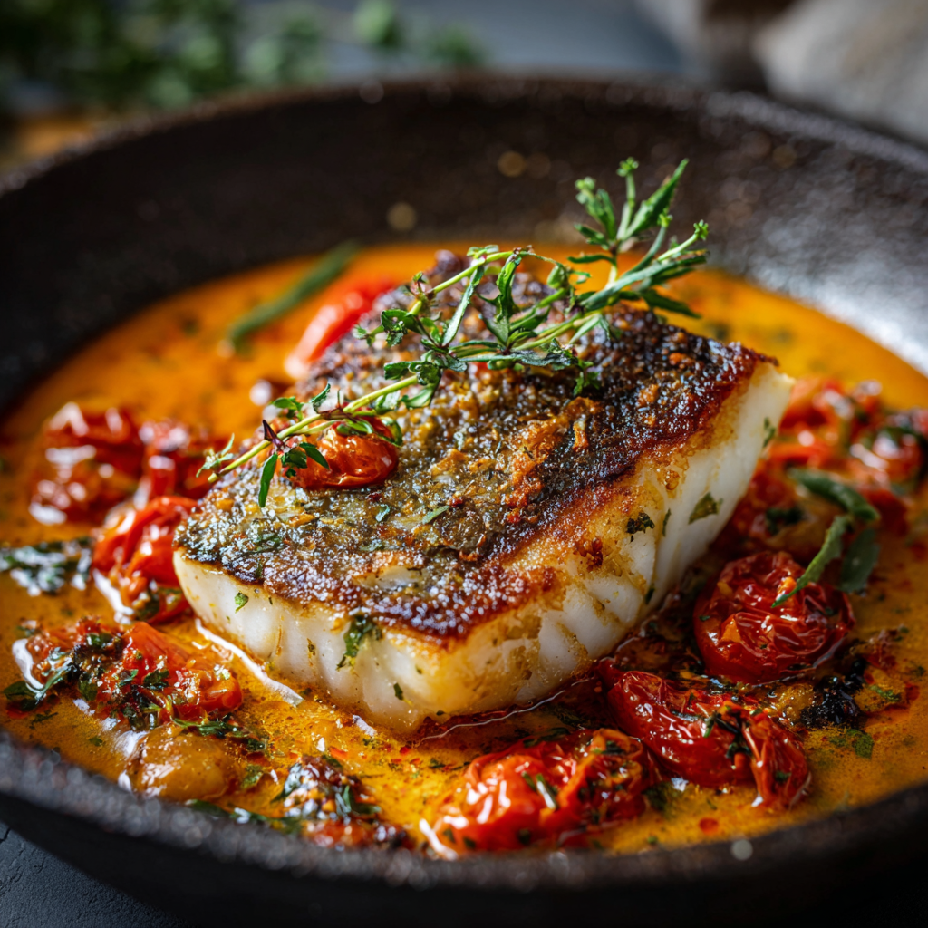 Plated sea bass with roasted red pepper coulis