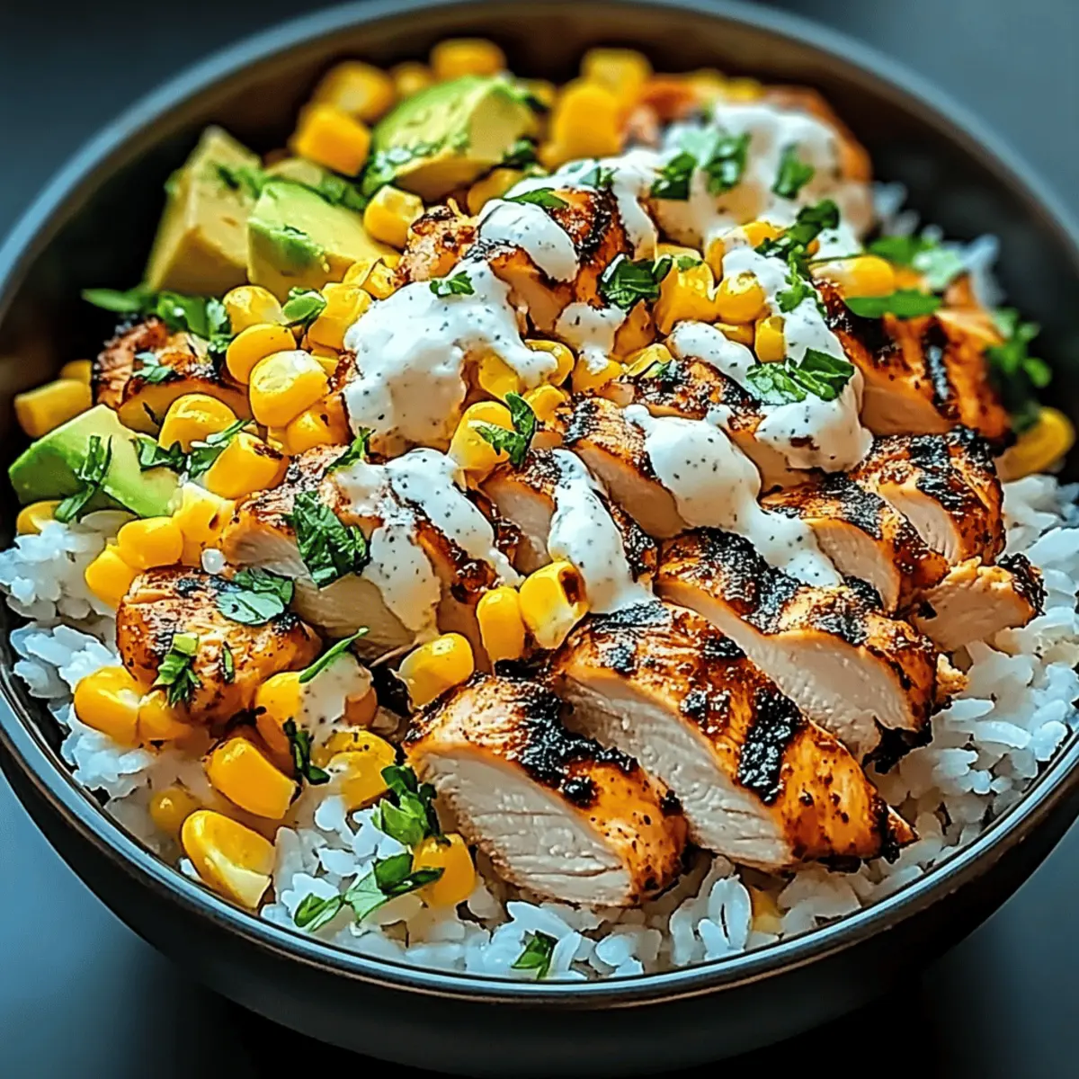 Street corn chicken rice bowl with lime and cilantro