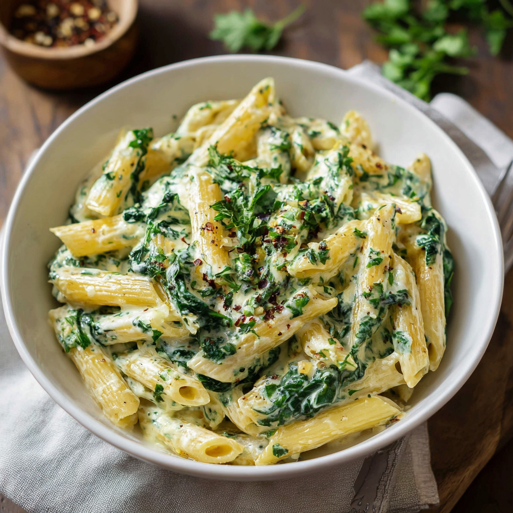 Creamy spinach pasta in a white bowl with grated cheese
