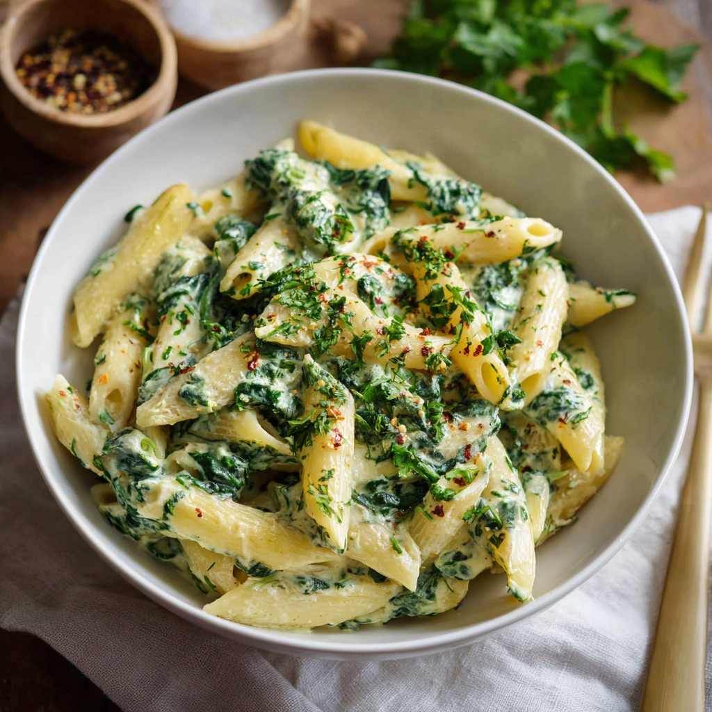 Close up of pasta twirled with creamy spinach sauce