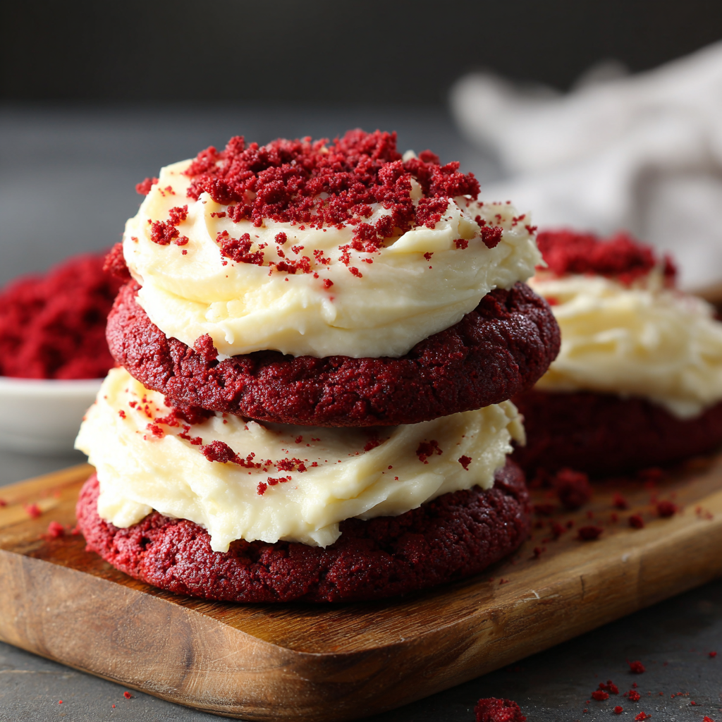 Close-up of frosting swirl on red velvet cookie