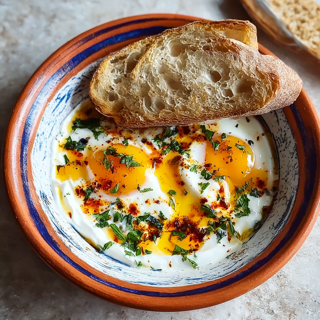 Cilbir Turkish Eggs in a blue dish