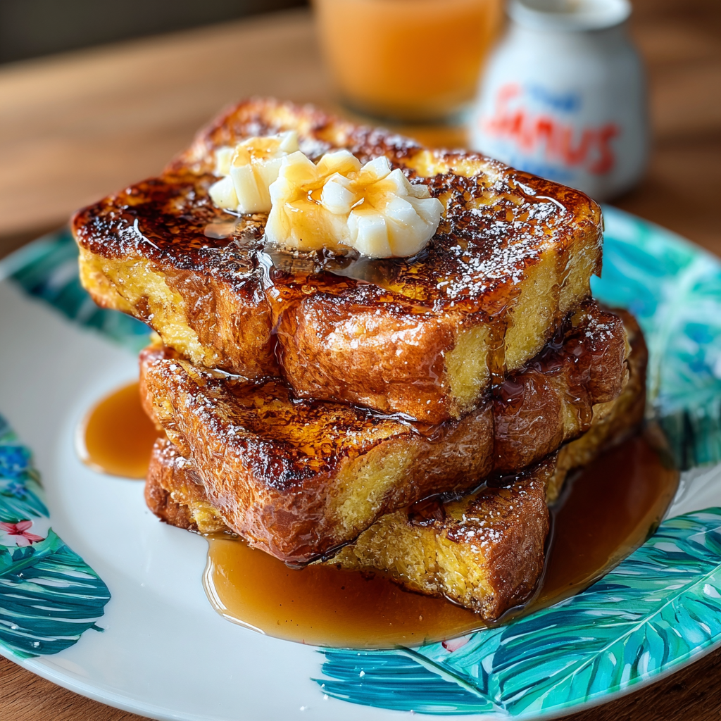 Plated Hawaiian roll French toast with berries and powdered sugar