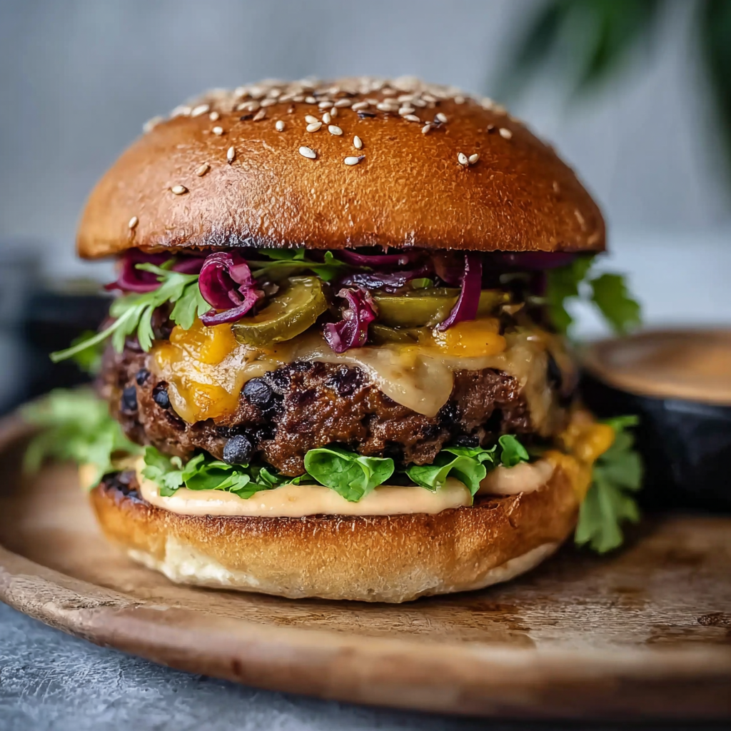 Two finished black bean burgers on brioche buns with toppings